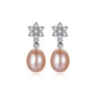 Sterling Silver Fashion And Elegant Flower Pink Freshwater Pearl Earrings With Cubic Zirconia Silver - One Size