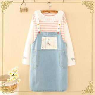 Cat Embroidered Denim Pinafore Dress As Shown In Figure - One Size