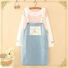 Cat Embroidered Denim Pinafore Dress As Shown In Figure - One Size