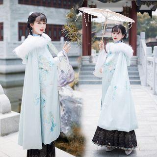 Fluffy Trim Floral Embroidered Hooded Hanfu Cape Coat Floral - Light Blue - One Size