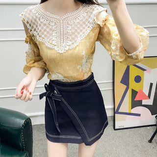 Lace Panel Cutout Shoulder Elbow-sleeve Top