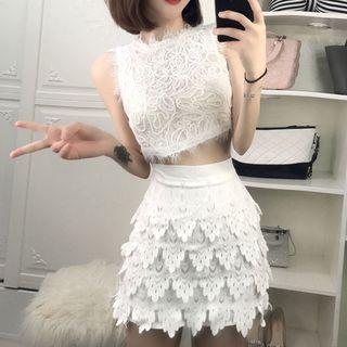 Set: Sleeveless Lace Crop Top + A-line Skirt