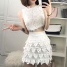 Set: Sleeveless Lace Crop Top + A-line Skirt