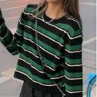 Long-sleeve Striped Knit Top Black & Green - One Size
