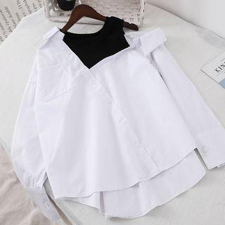 Plain / Plaid Panel Cut-out Blouse