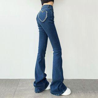 High Waist Heart Patch Flared Jeans
