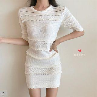 Crew-neck Short-sleeve Knit Dress Knit Dress - One Size