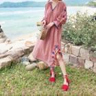 3/4-sleeve Embroidered Plaid A-line Midi Dress