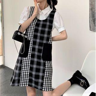 Sleeveless Plaid A-line Dress Black - One Size