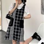 Sleeveless Plaid A-line Dress Black - One Size