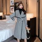 Navy Collar Houndstooth Double-breasted Long Jacket