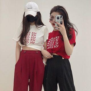 Lettering Print Crewneck Short-sleeve Top / Plain High-waist Wide-leg Pants