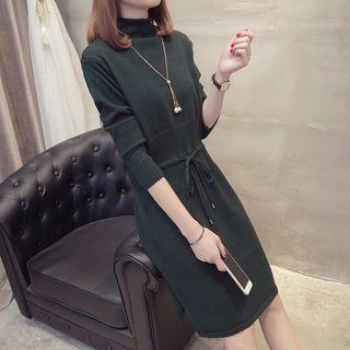 Mock-neck Tie-waist Long-sleeve Knit Dress