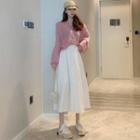Plain Lantern-sleeve Knit Top / High-waist Midi A-line Skirt