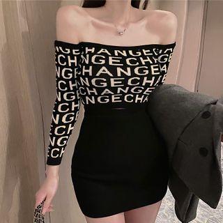 Off-shoulder Lettering Knit Top / Mini Pencil Skirt / Lettering Double-breasted Blazer