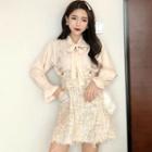 Bow Accent Blouse / Suspender Tweed Skirt