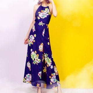 Halter Floral Print Maxi A-line Dress