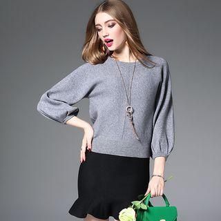 3/4-sleeve Plain Sweater