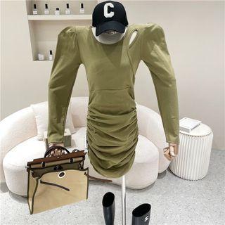 Puff-sleeve Cutout Shirred Sheath Dress