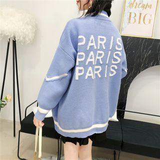 Lettering Distressed Open Front Cardigan