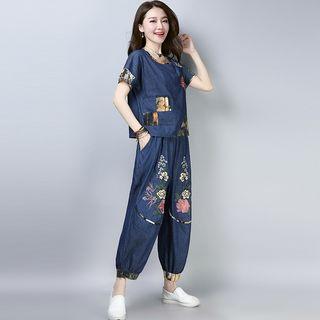 Set: Flower Embroidered Short Sleeve T-shirt + Loose Fit Pants