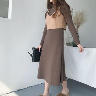 Set: Long-sleeve Midi A-line Dress + Spaghetti Strap Top
