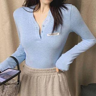 V-neck Buttoned Long-sleeve Plain Top