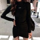 Lettering Long-sleeve Mini Sheath Dress Black - One Size