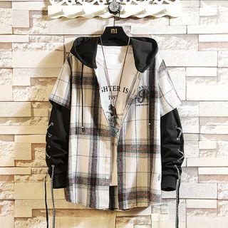 Mock Two-piece Hooded Plaid Panel Jacket