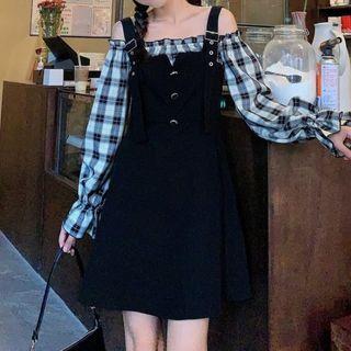 Plaid Long-sleeve Mock Two Piece A-line Dress