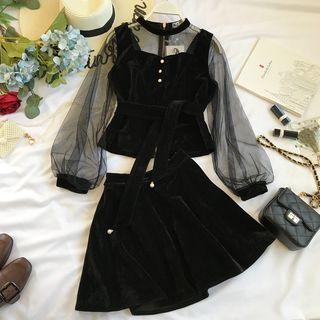 Set: Long-sleeve Sheer Panel Top + A-line Skirt