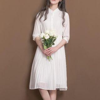 Plain Band Collar Elbow Sleeve Chiffon Dress