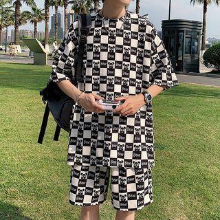 Set: Elbow-sleeve Cartoon Checkerboard T-shirt + Shorts