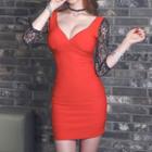 V-neck Lace Panel 3/4-sleeve Bodycon Dress