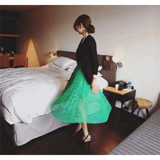Lace-overlay A-line Midi Skirt