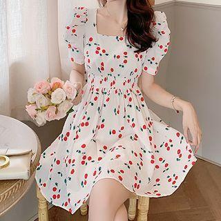 Puff Sleeve Square Neck Cherry Print High Waist Mini A-line Dress