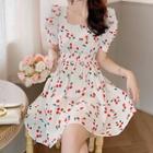 Puff Sleeve Square Neck Cherry Print High Waist Mini A-line Dress