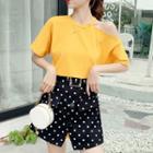 Set: Short-sleeve Cold Shoulder T-shirt + Polka Dot A-line Mini Skirt