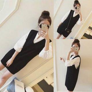 Set: V-neck 3/4-sleeve Blouse + V-neck Pinafore Dress