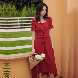 Puff-sleeve Square-neck Chiffon Drawstring Dress