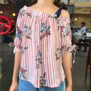 One-shoulder Pinstripe Short-sleeve Chiffon Top