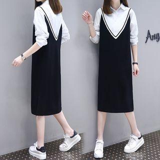 Strappy Knitted Midi Dress / Set: Strappy Knitted Midi Dress + Long-sleeve Long Shirt