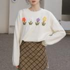 Flower Applique Knit Top White - One Size