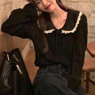 Lace Trim Button-up Blouse Black - One Size