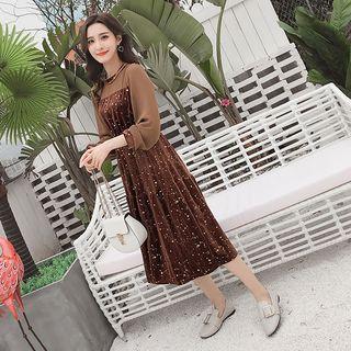 Mock-neck Star Print Long-sleeve Midi Dress