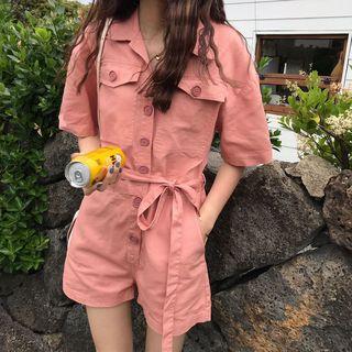 Buttoned Tie-waist Elbow-sleeve Playsuit