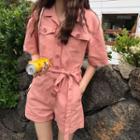 Buttoned Tie-waist Elbow-sleeve Playsuit
