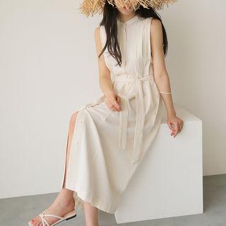 Sleeveless Pintuck-trim Shirtdress With Sash