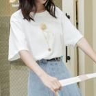 Flower Detail Elbow-sleeve T-shirt White - One Size