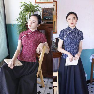 Traditional Chinese Short-sleeve Floral Top / A-line Maxi Skirt / Set